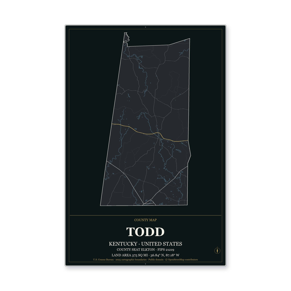 Todd County, Kentucky Map Aluminum Sign in Metropolitan Noir style