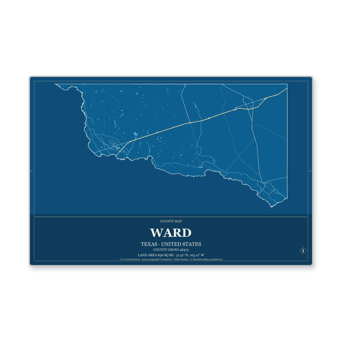 Ward County, Texas Map Aluminum Sign in Harbor Cobalt style