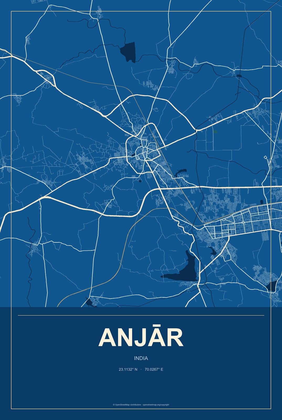 Anjār, India City Map Aluminum Sign in Harbor Cobalt style