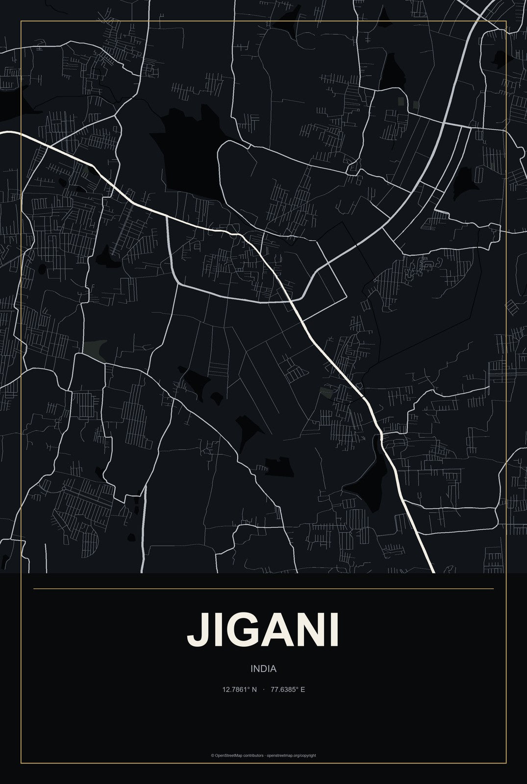 Jigani, India City Map Aluminum Sign in Metropolitan Noir style