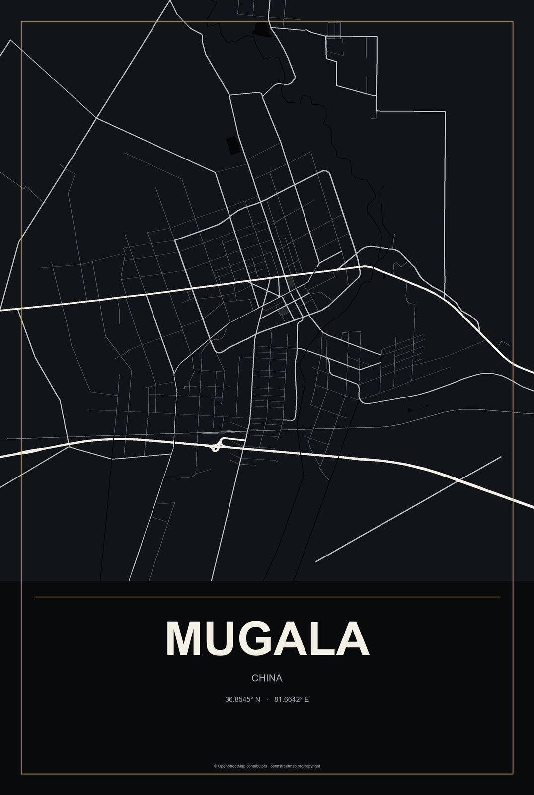 Mugala, China City Map Aluminum Sign in Metropolitan Noir style
