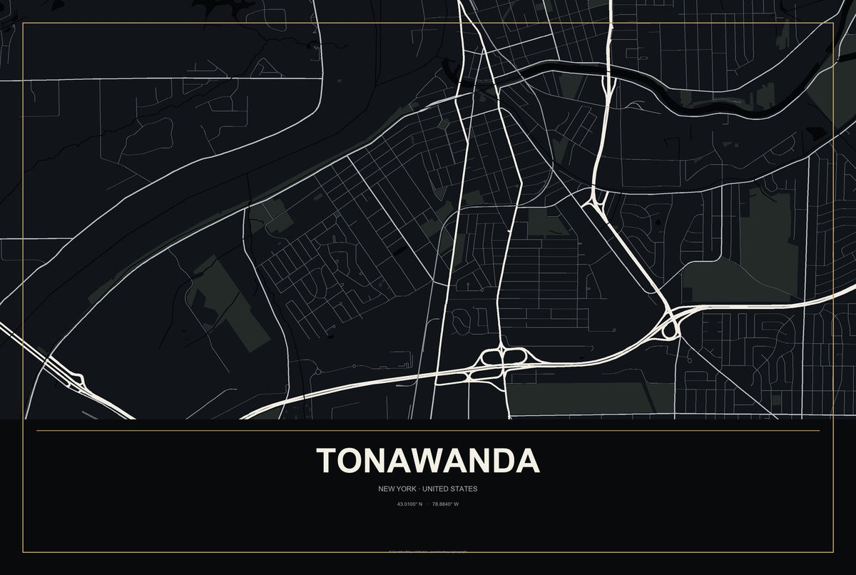 Tonawanda, New York City Map Aluminum Sign in Metropolitan Noir style