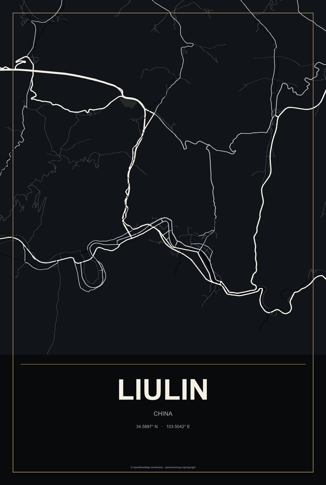 Liulin, China City Map Aluminum Sign in Metropolitan Noir style