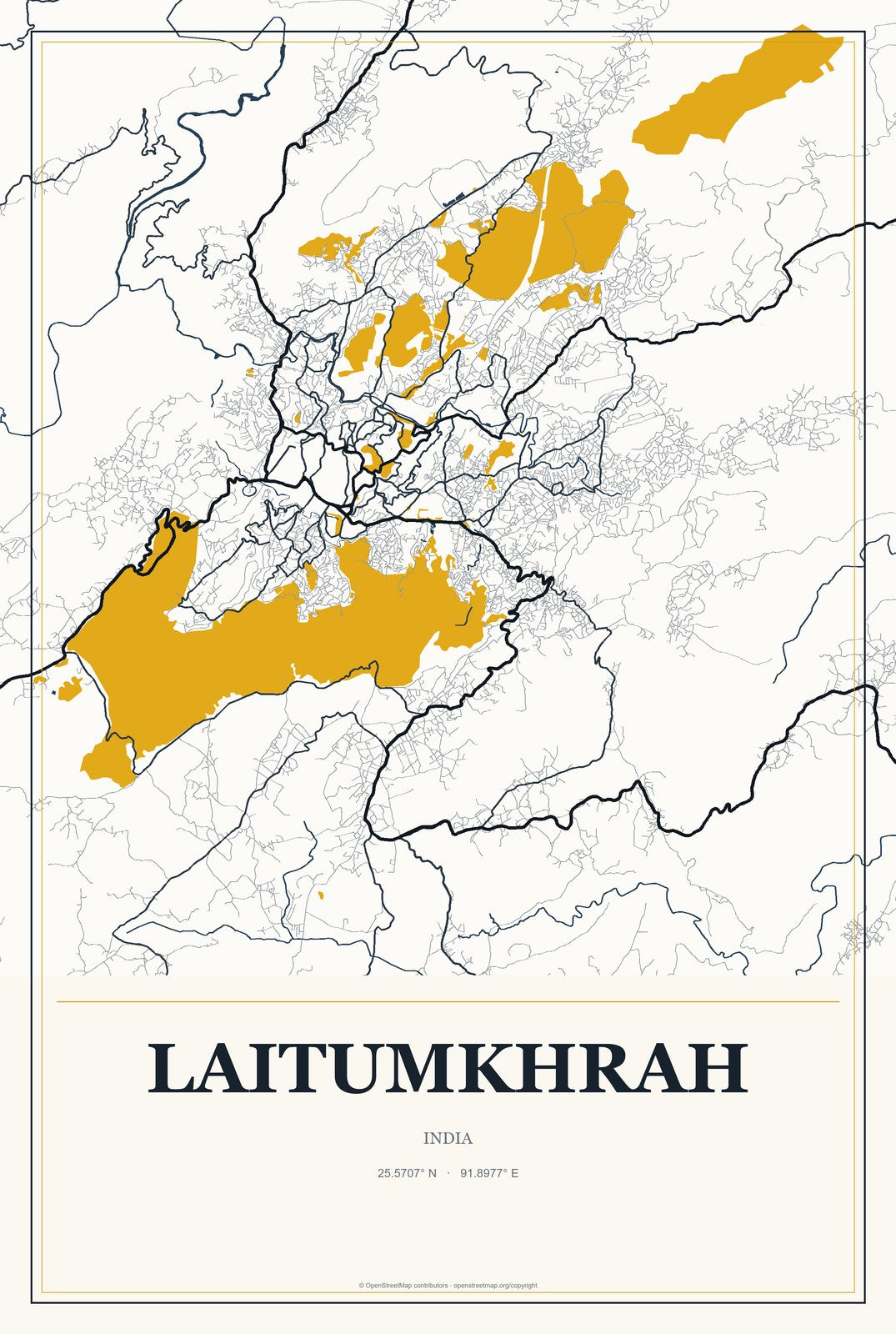 Laitumkhrah, India City Map Aluminum Sign in Citrine Modern style