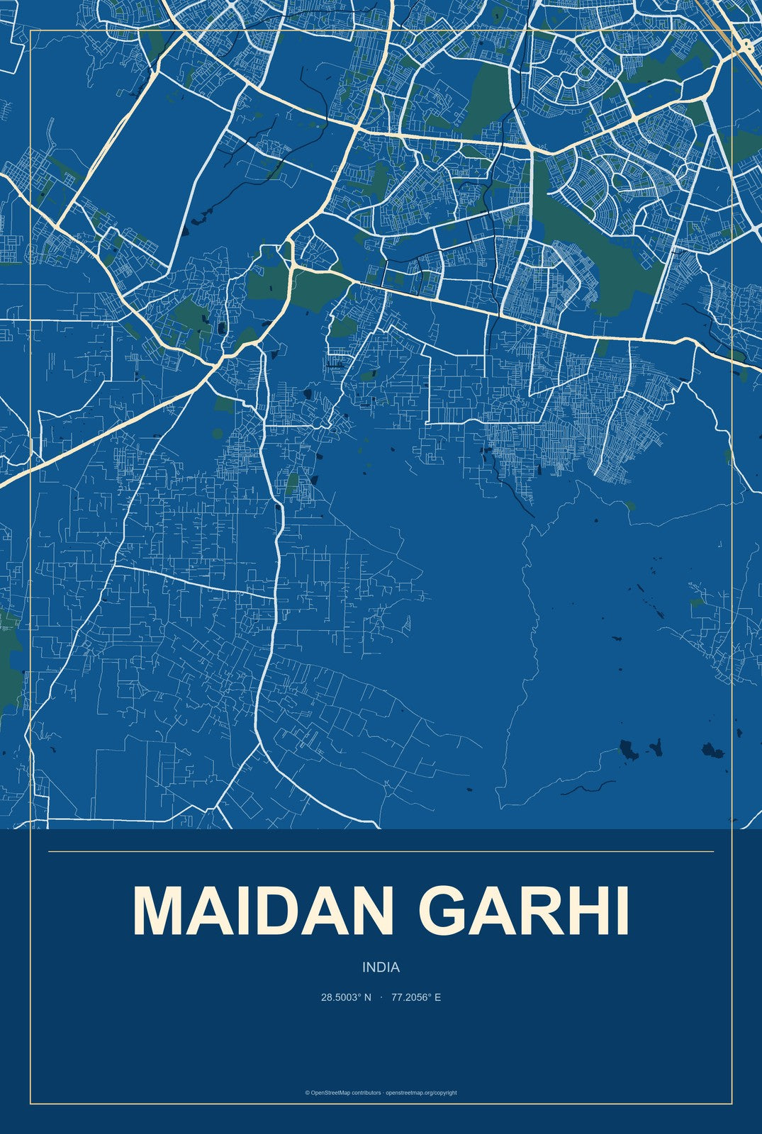 Maidan Garhi, India City Map Aluminum Sign in Harbor Cobalt style