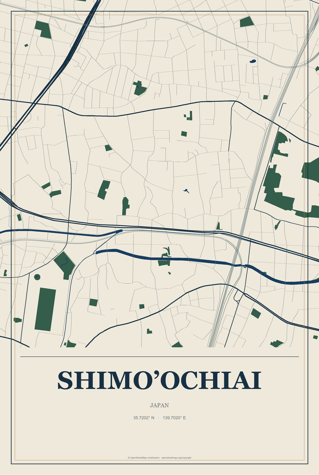 Shimo’ochiai, Japan City Map Aluminum Sign in Coastal Cutout style