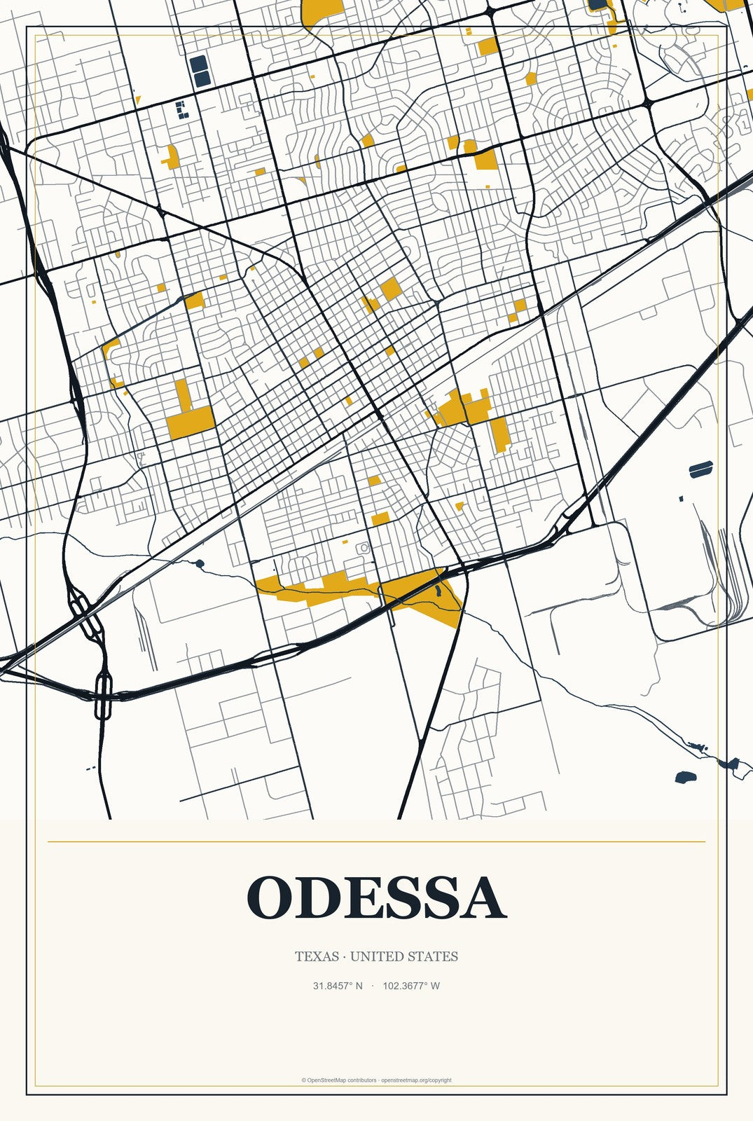 Odessa, Texas City Map Aluminum Sign in Citrine Modern style