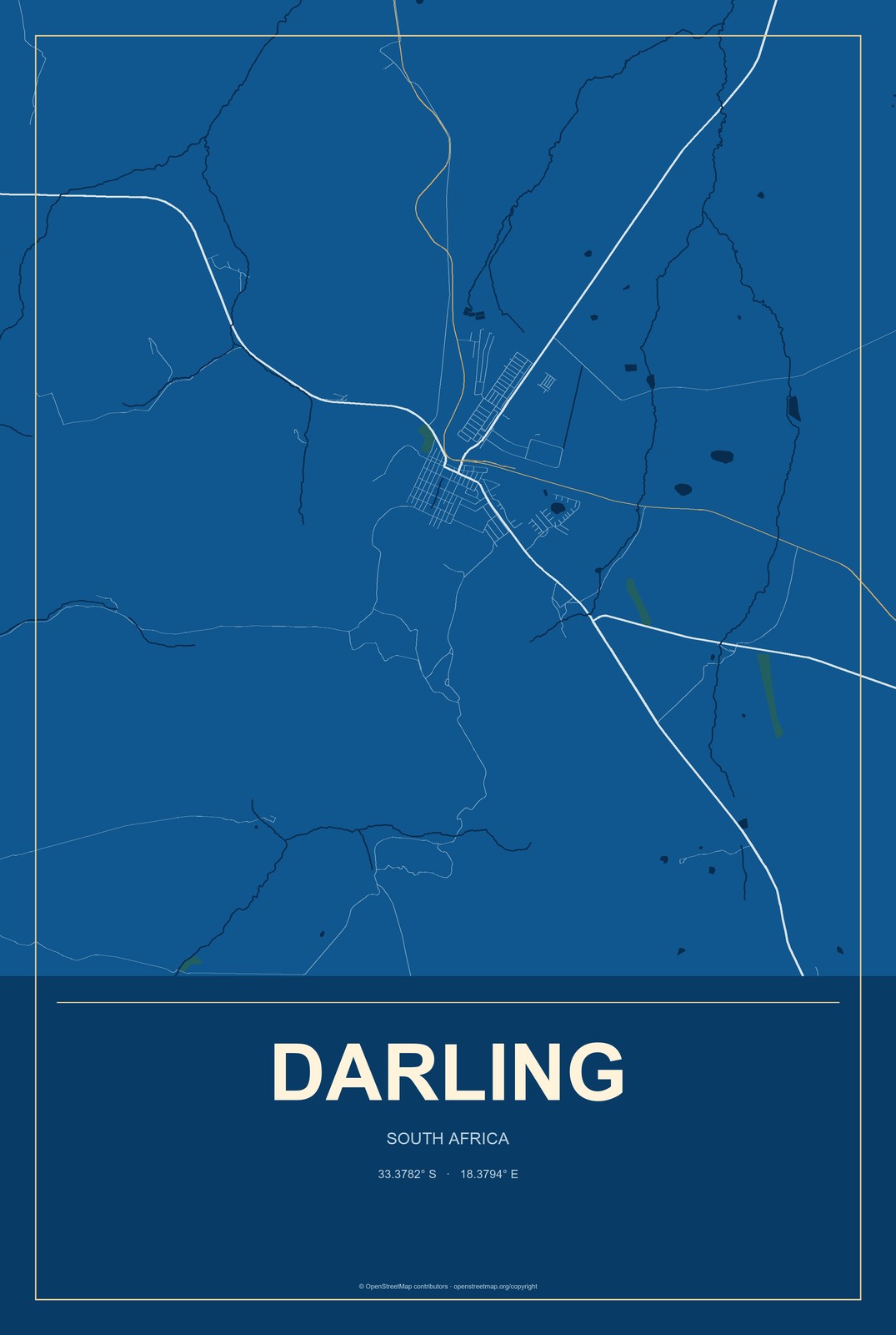 Darling, South Africa City Map Aluminum Sign in Harbor Cobalt style