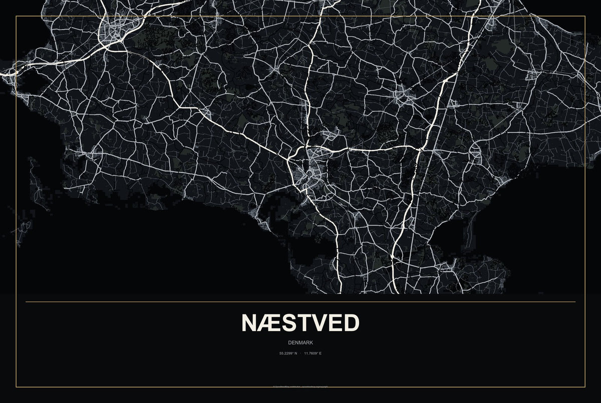 Næstved, Denmark City Map Aluminum Sign in Metropolitan Noir style