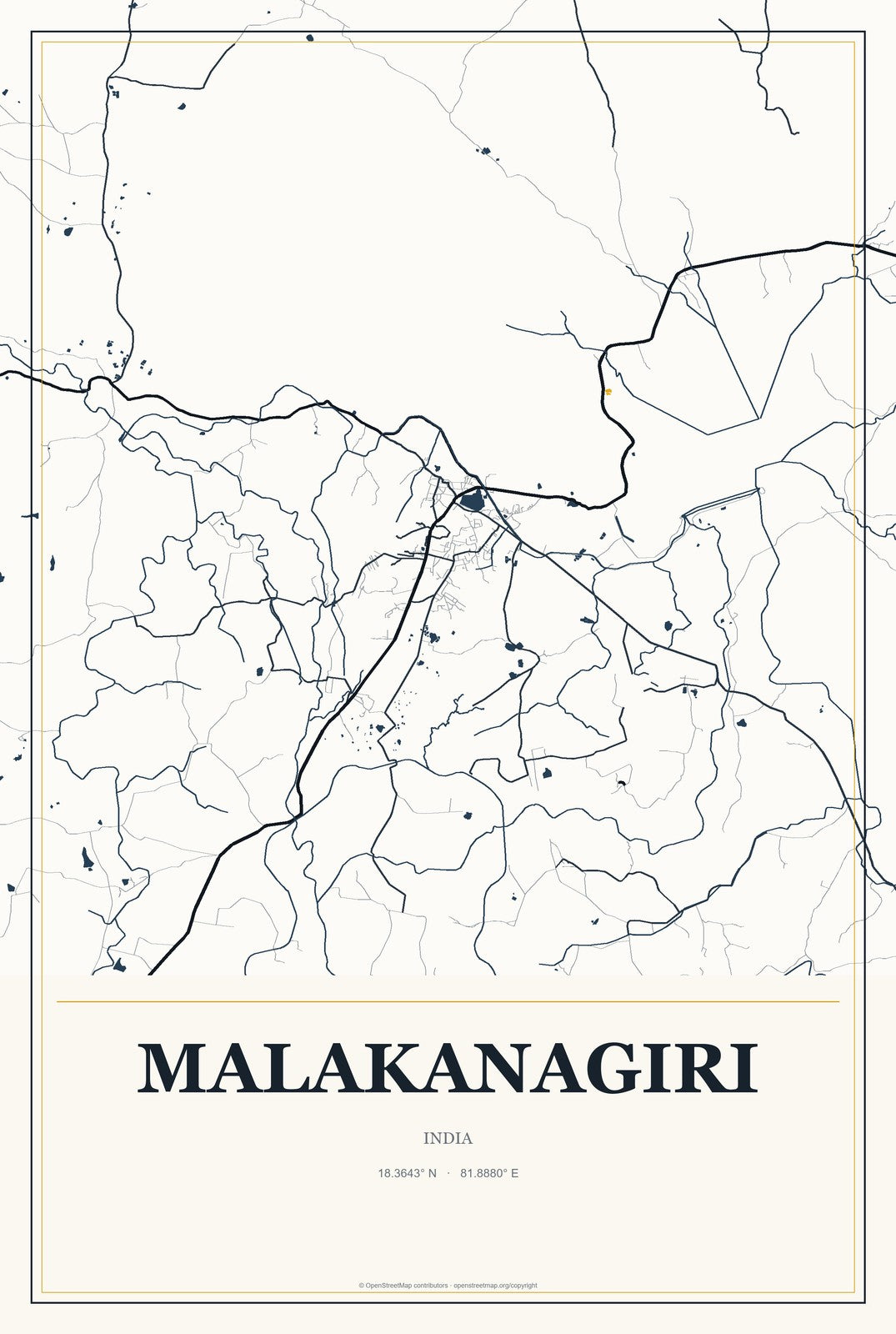 Malakanagiri, India City Map Aluminum Sign in Citrine Modern style