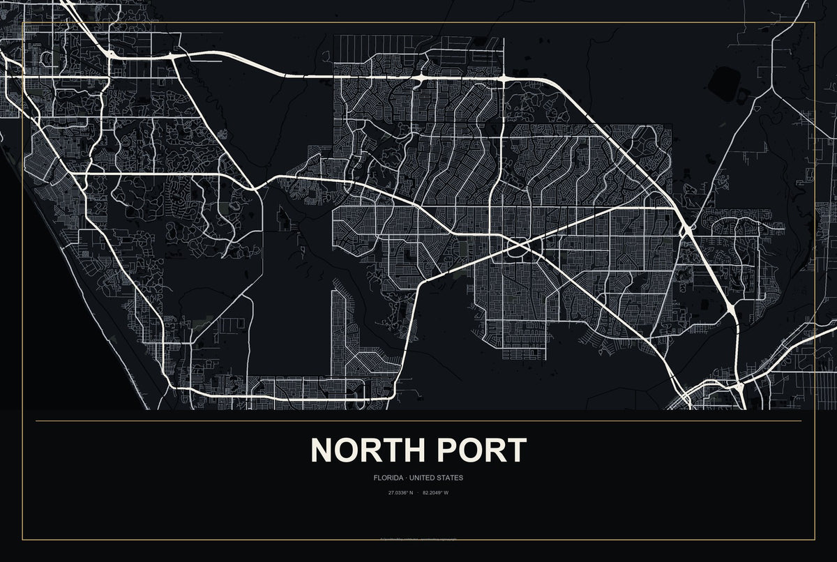 North Port, Florida City Map Aluminum Sign in Metropolitan Noir style