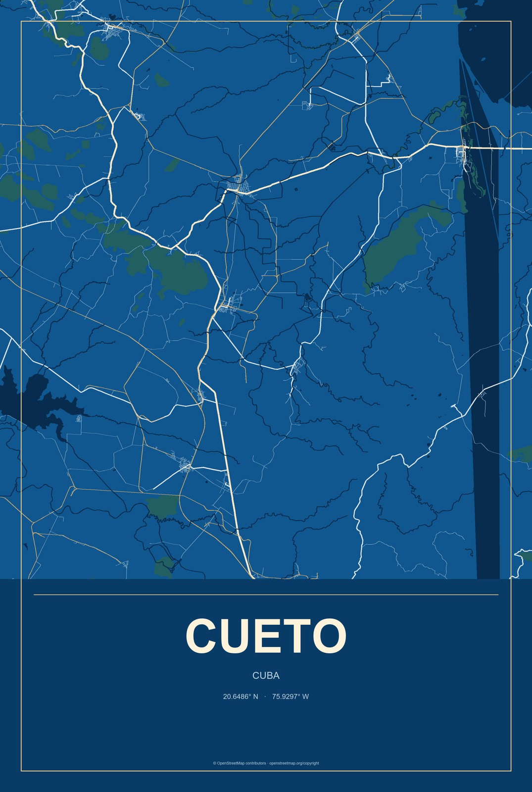 Cueto, Cuba City Map Aluminum Sign in Harbor Cobalt style