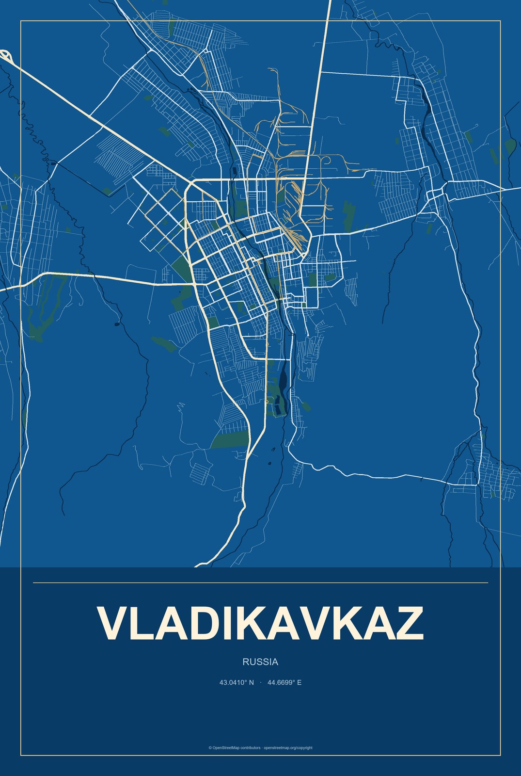 Vladikavkaz, Russia City Map Aluminum Sign in Harbor Cobalt style