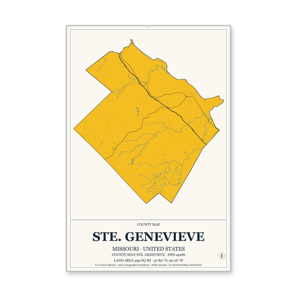 Ste. Genevieve County, Missouri Map Aluminum Sign in Citrine Modern style