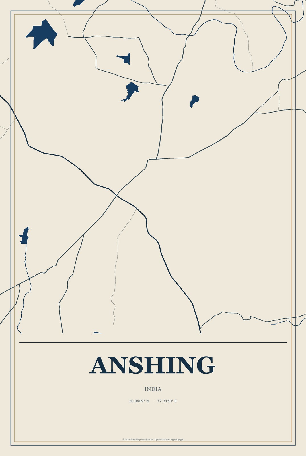 Anshing, India City Map Aluminum Sign in Coastal Cutout style