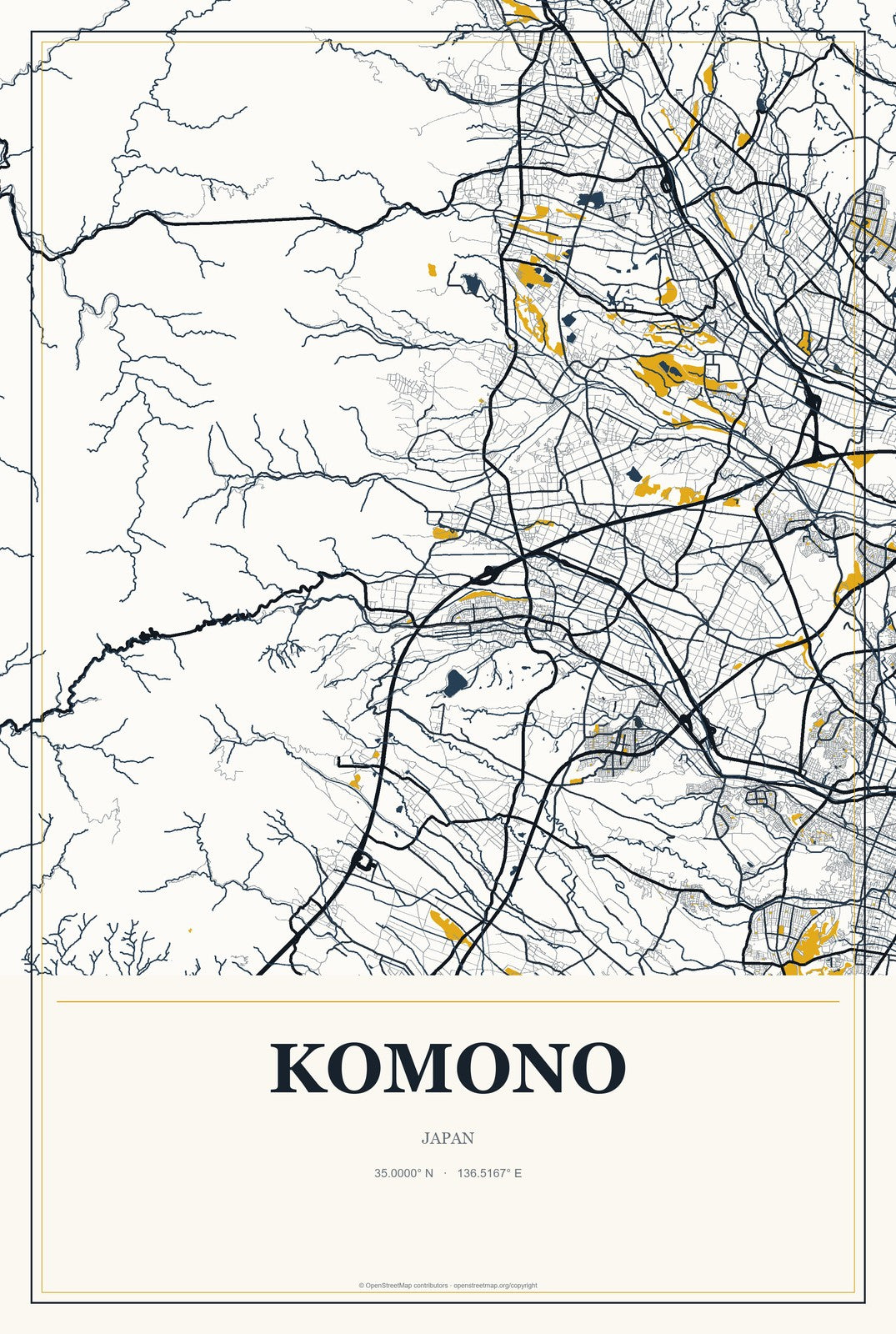 Komono, Japan City Map Aluminum Sign in Citrine Modern style