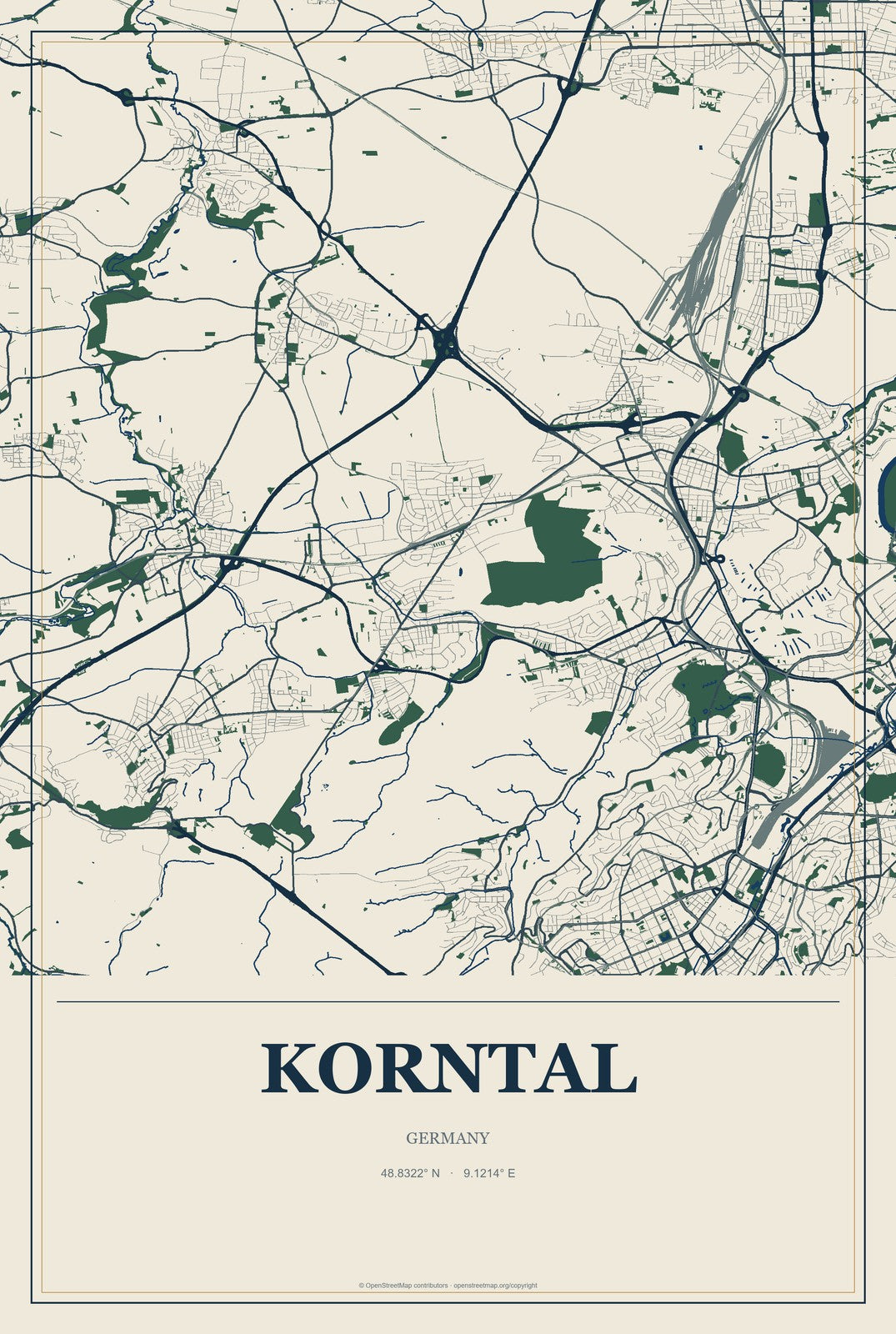 Korntal, Germany City Map Aluminum Sign in Coastal Cutout style