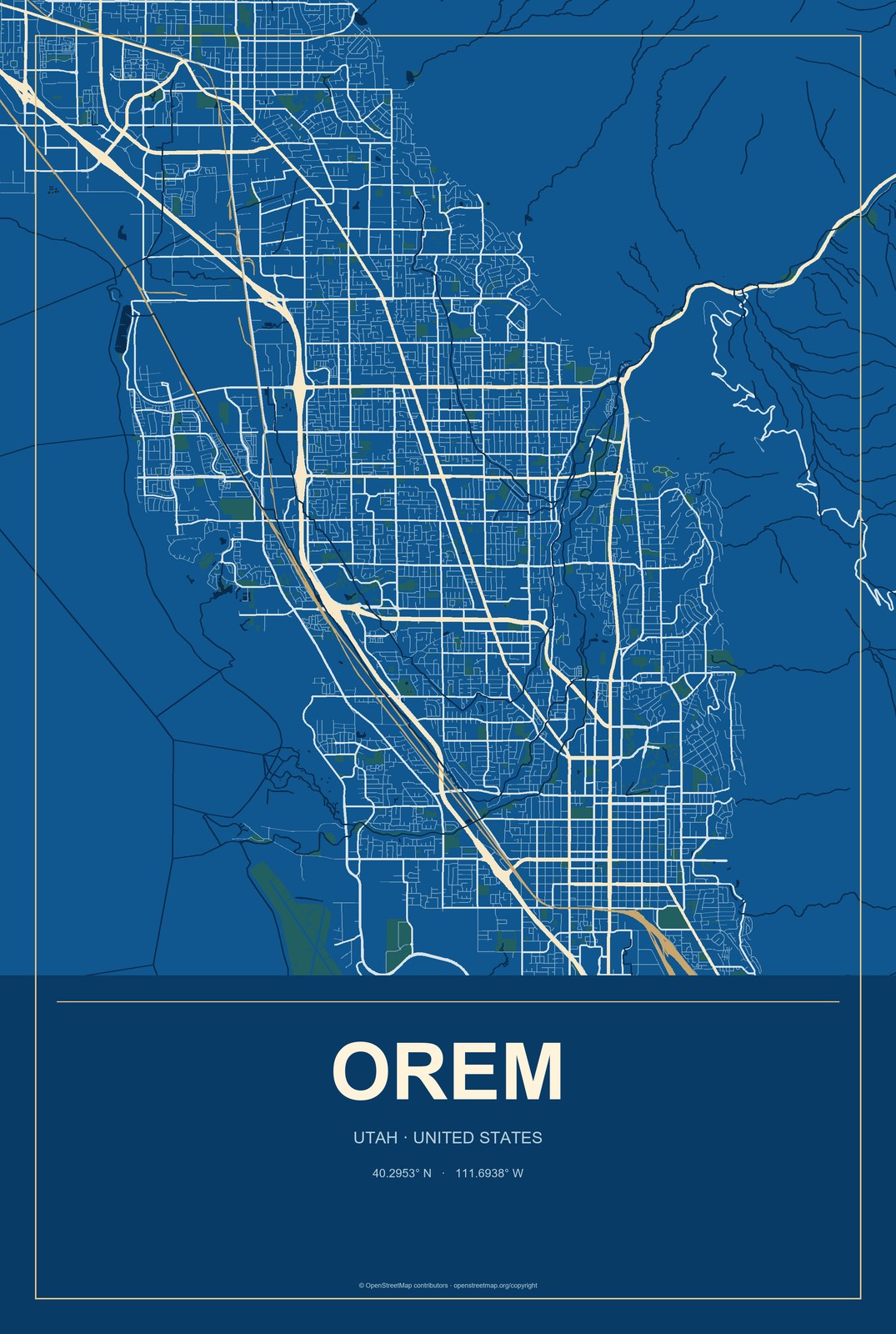 Orem, Utah City Map Aluminum Sign in Harbor Cobalt style