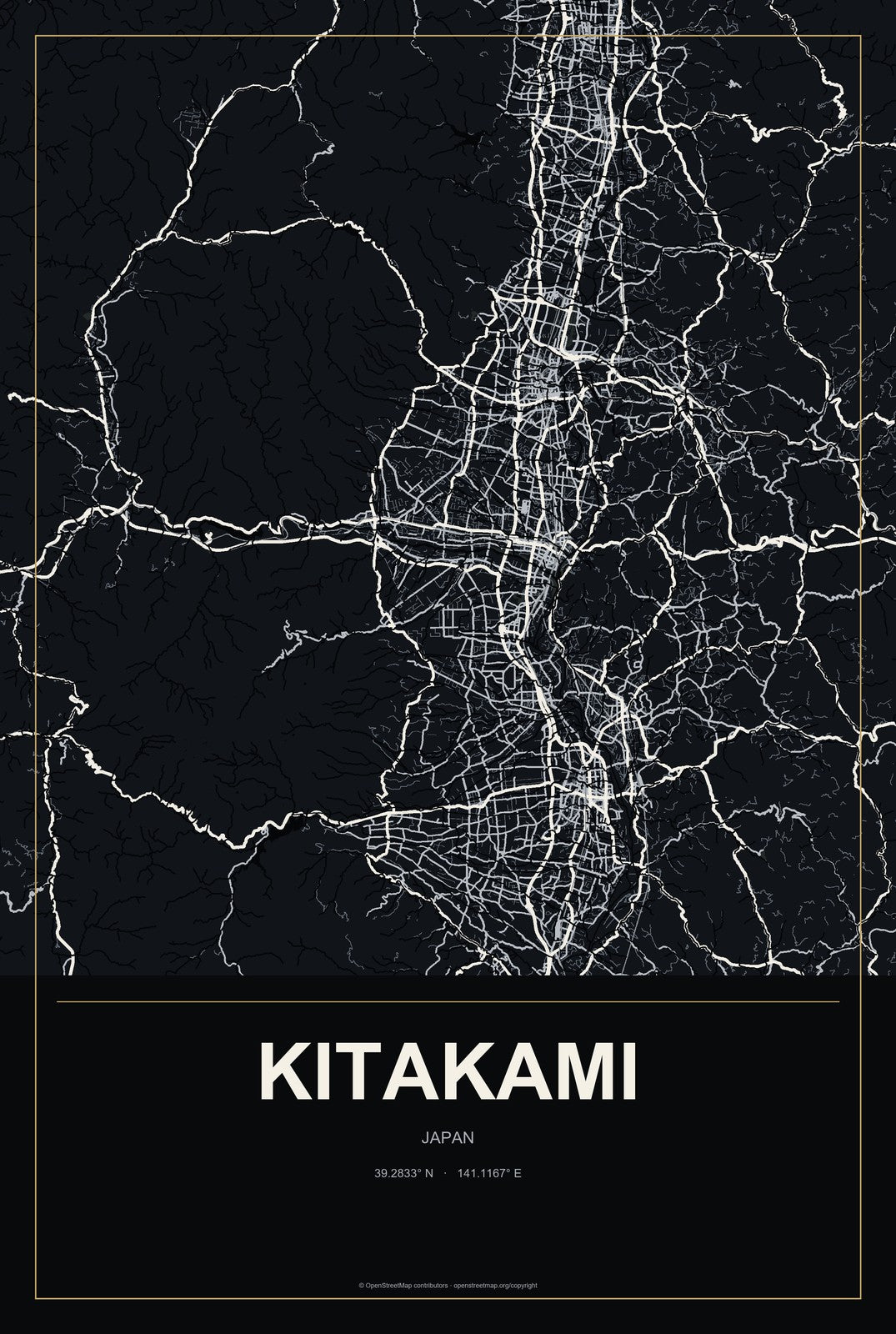 Kitakami, Japan City Map Aluminum Sign in Metropolitan Noir style