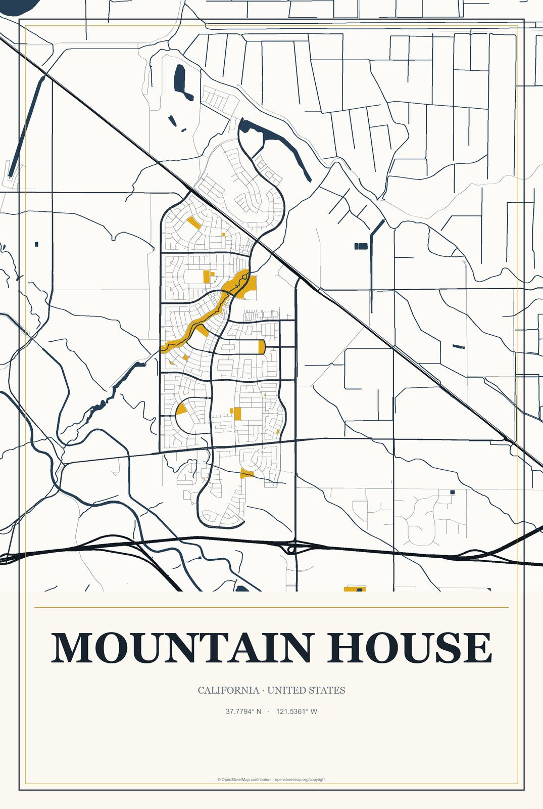 Mountain House, California City Map Aluminum Sign in Citrine Modern style