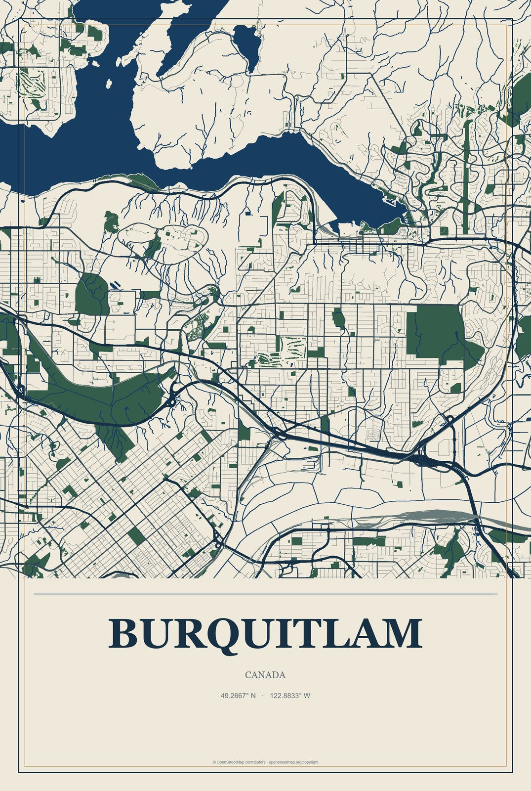 Burquitlam, Canada City Map Aluminum Sign in Coastal Cutout style