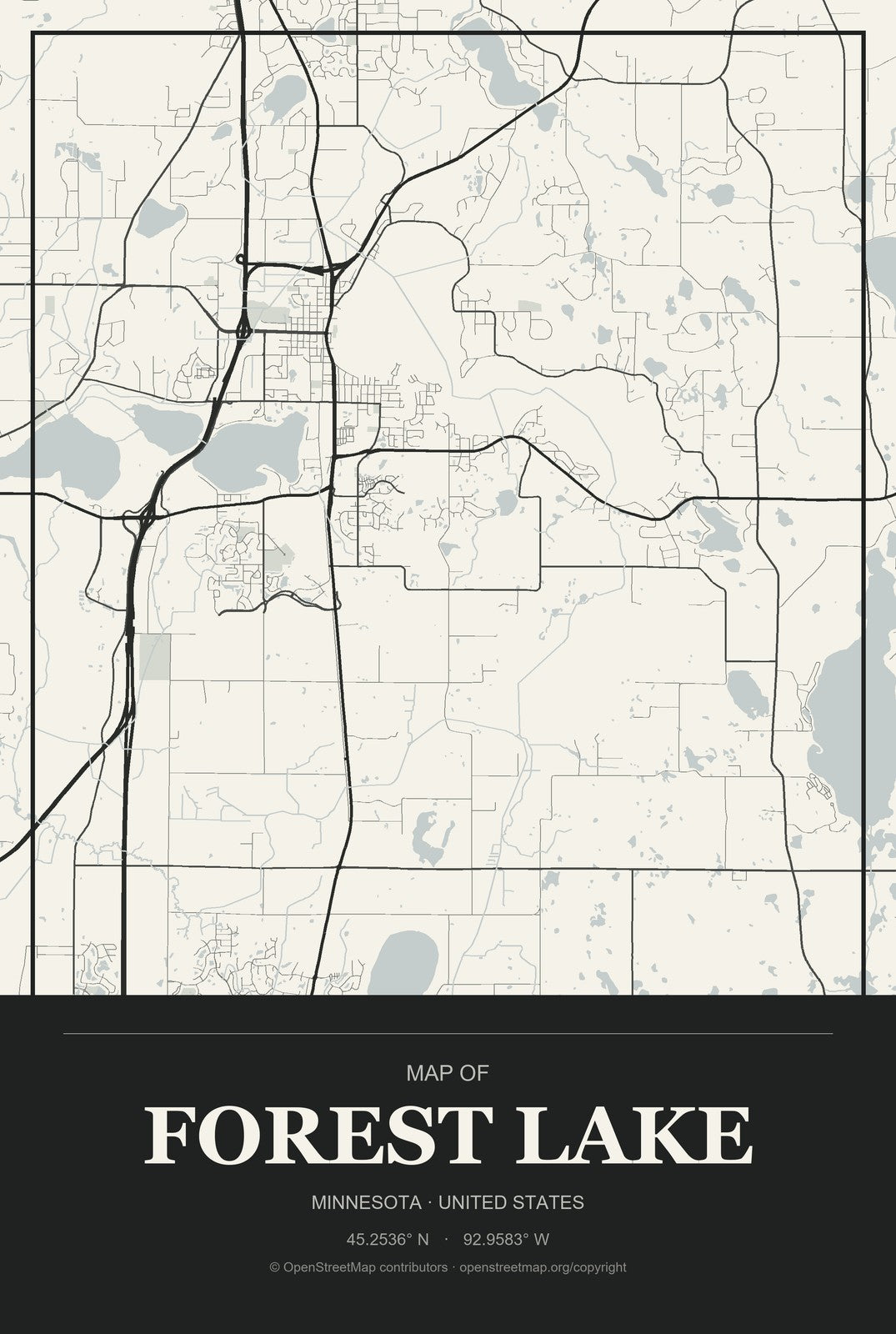 Forest Lake, Minnesota City Map Aluminum Sign in Museum Plaque style
