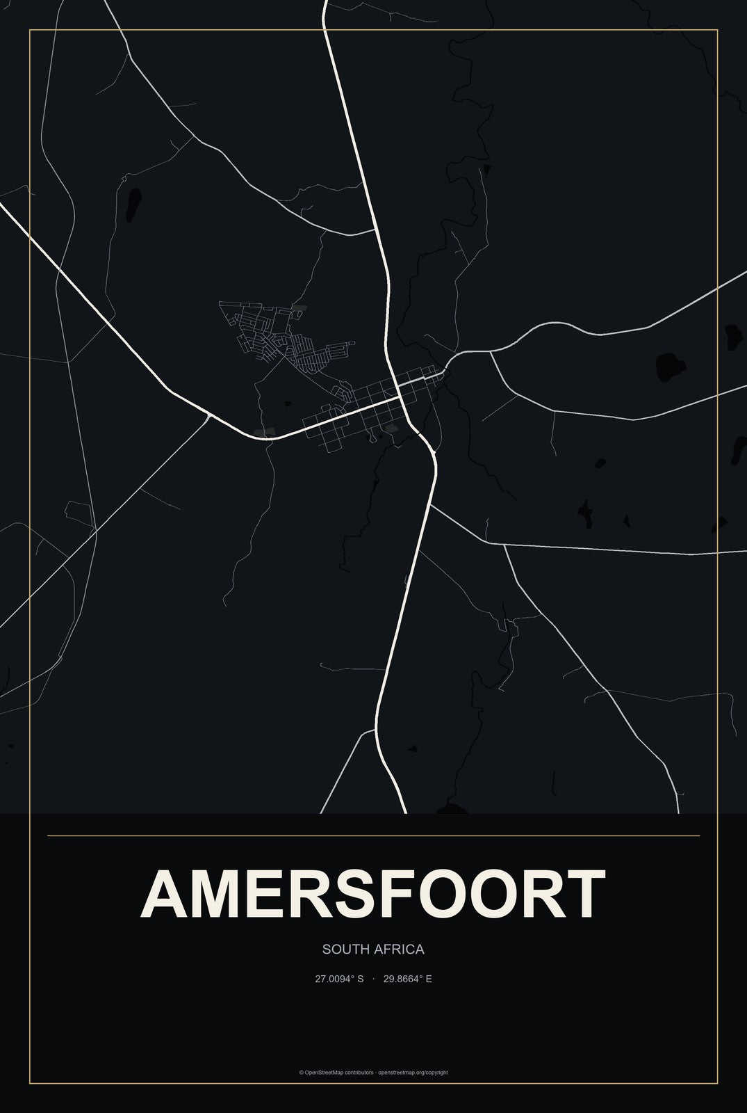 Amersfoort, South Africa City Map Aluminum Sign in Metropolitan Noir style