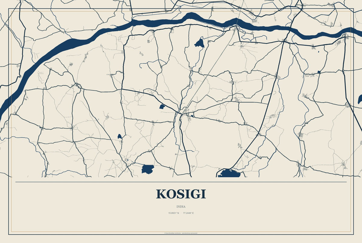 Kosigi, India City Map Aluminum Sign in Coastal Cutout style