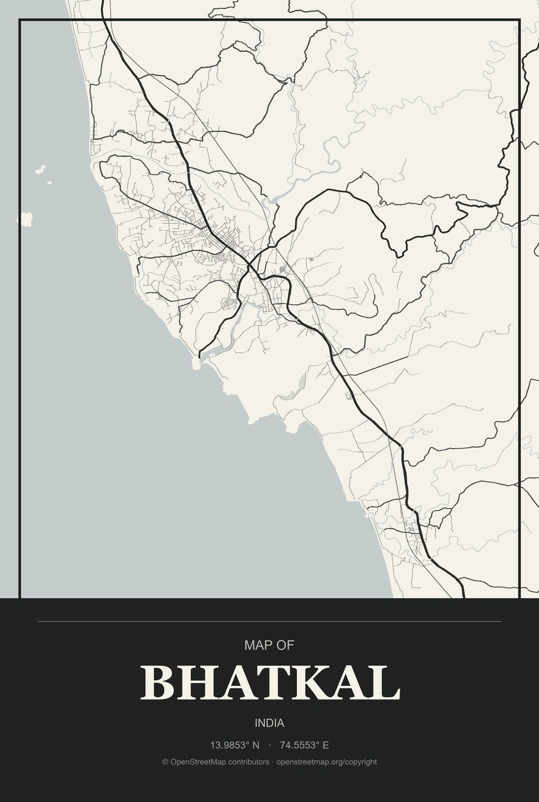 Bhatkal, India City Map Aluminum Sign in Museum Plaque style