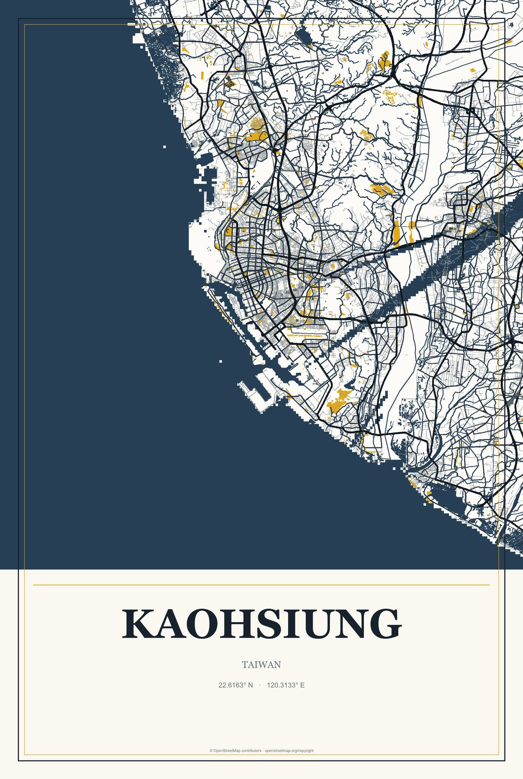 Kaohsiung, Taiwan City Map Aluminum Sign in Citrine Modern style