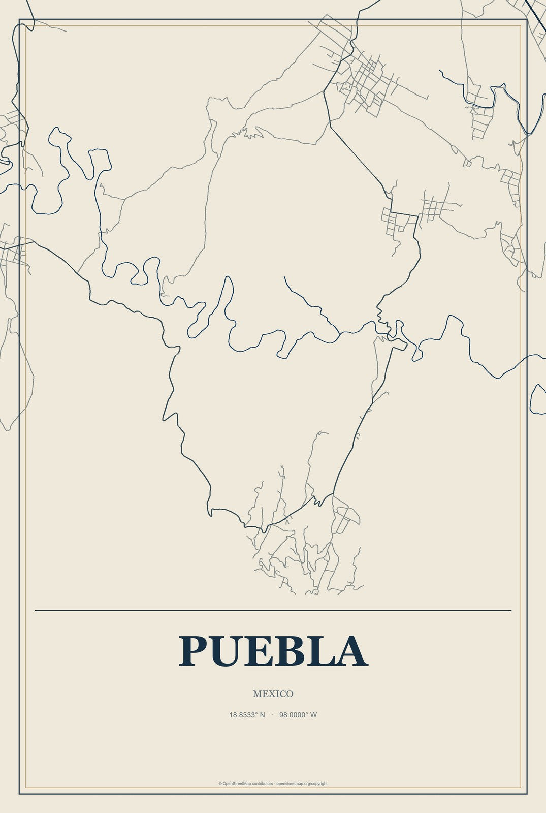 Puebla, Mexico City Map Aluminum Sign in Coastal Cutout style
