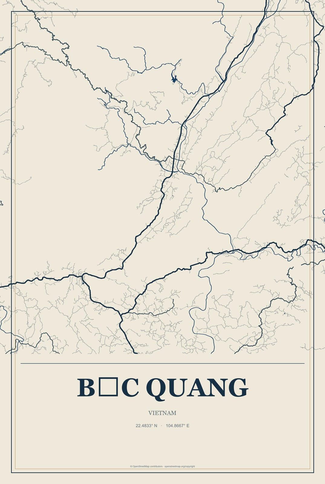 Bắc Quang, Vietnam City Map Aluminum Sign in Coastal Cutout style