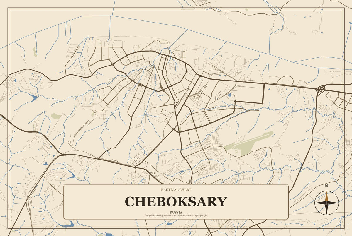 Cheboksary, Russia City Map Aluminum Sign in Heritage Nautical style