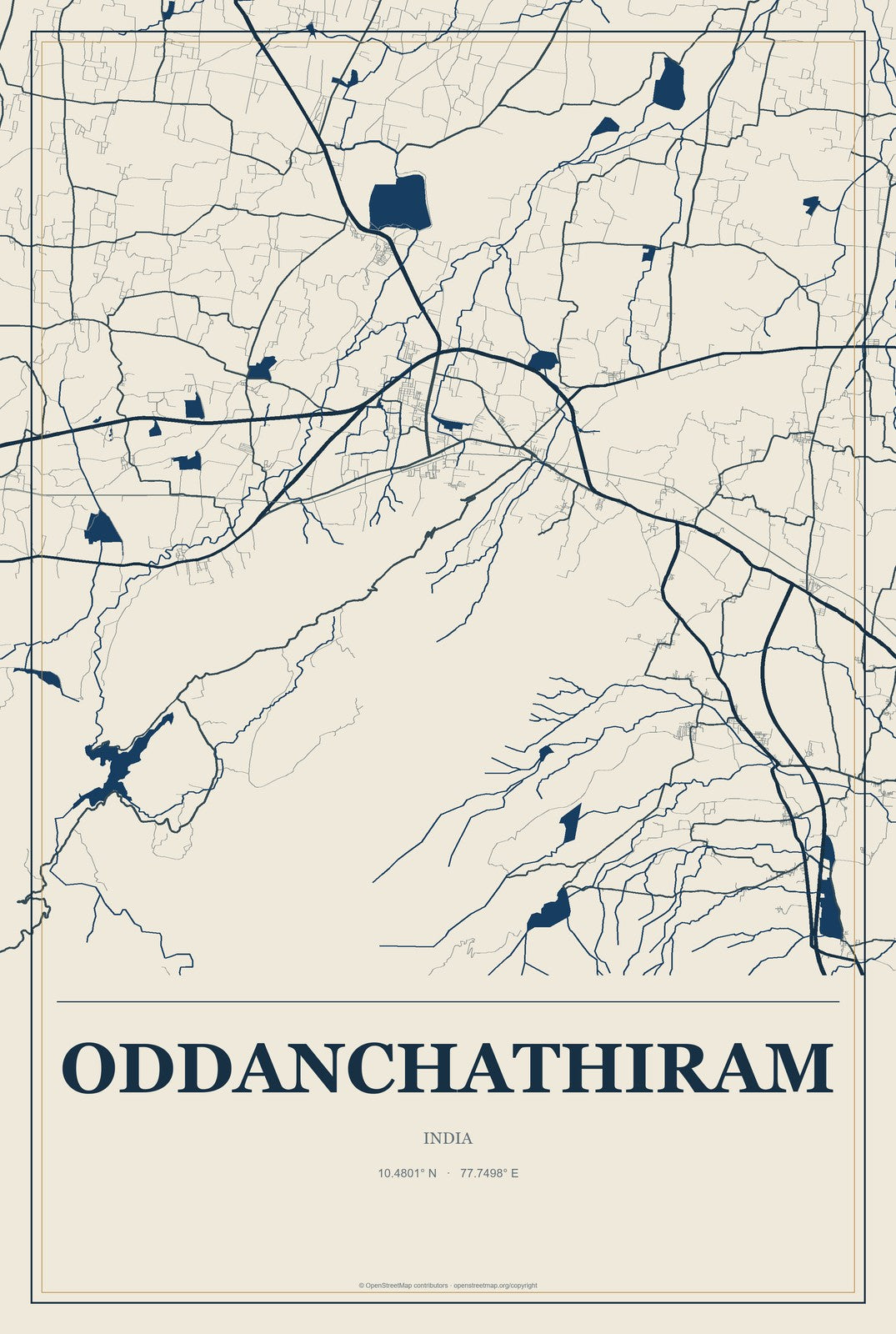 Oddanchathiram, India City Map Aluminum Sign in Coastal Cutout style