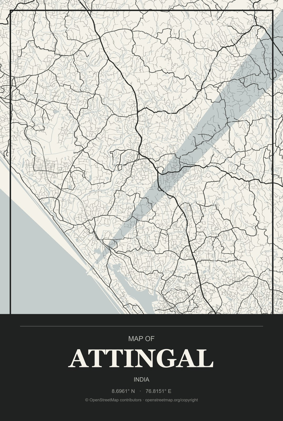 Attingal, India City Map Aluminum Sign in Museum Plaque style