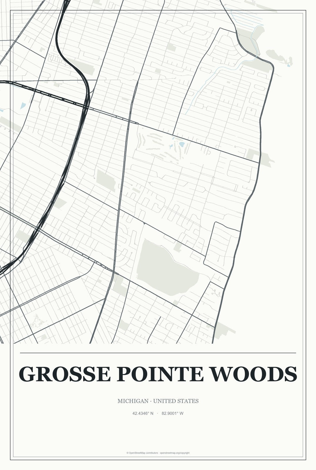 Grosse Pointe Woods, Michigan City Map Aluminum Sign in Gallery Air style