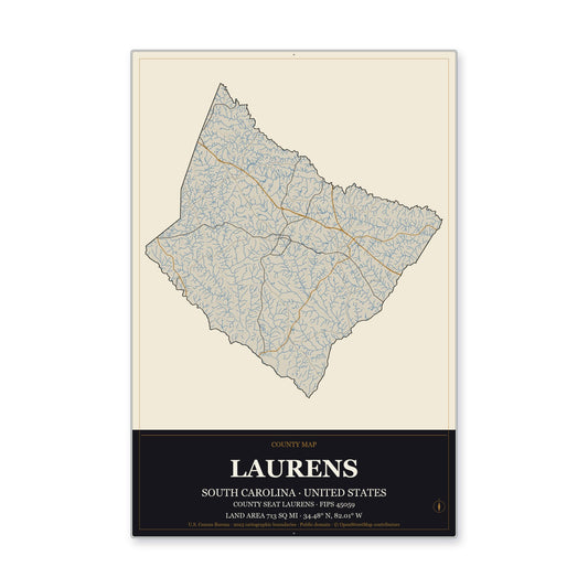 Laurens County, South Carolina Map Aluminum Sign in Museum Plaque style