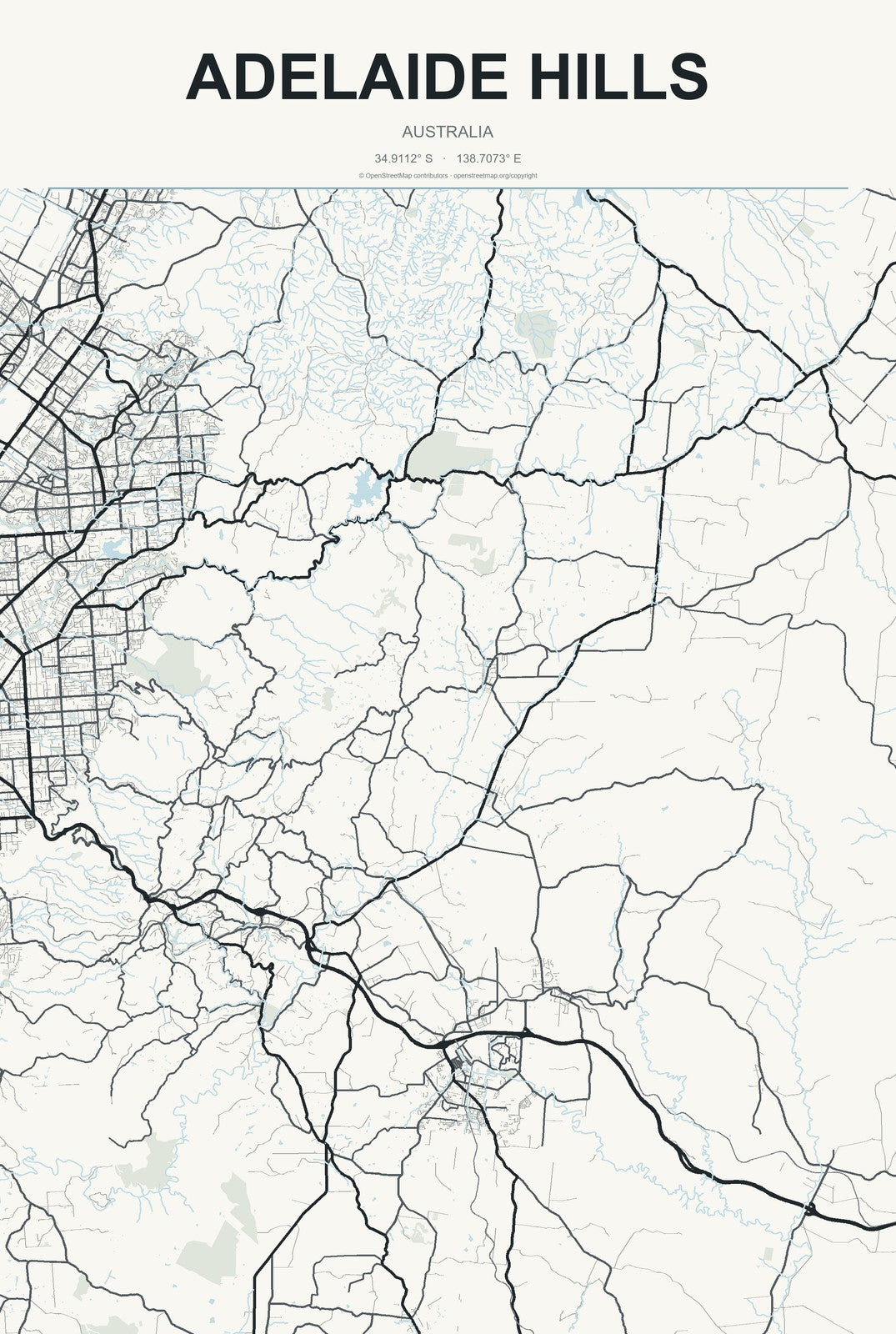 Adelaide Hills, Australia City Map Aluminum Sign in Headline Atlas style