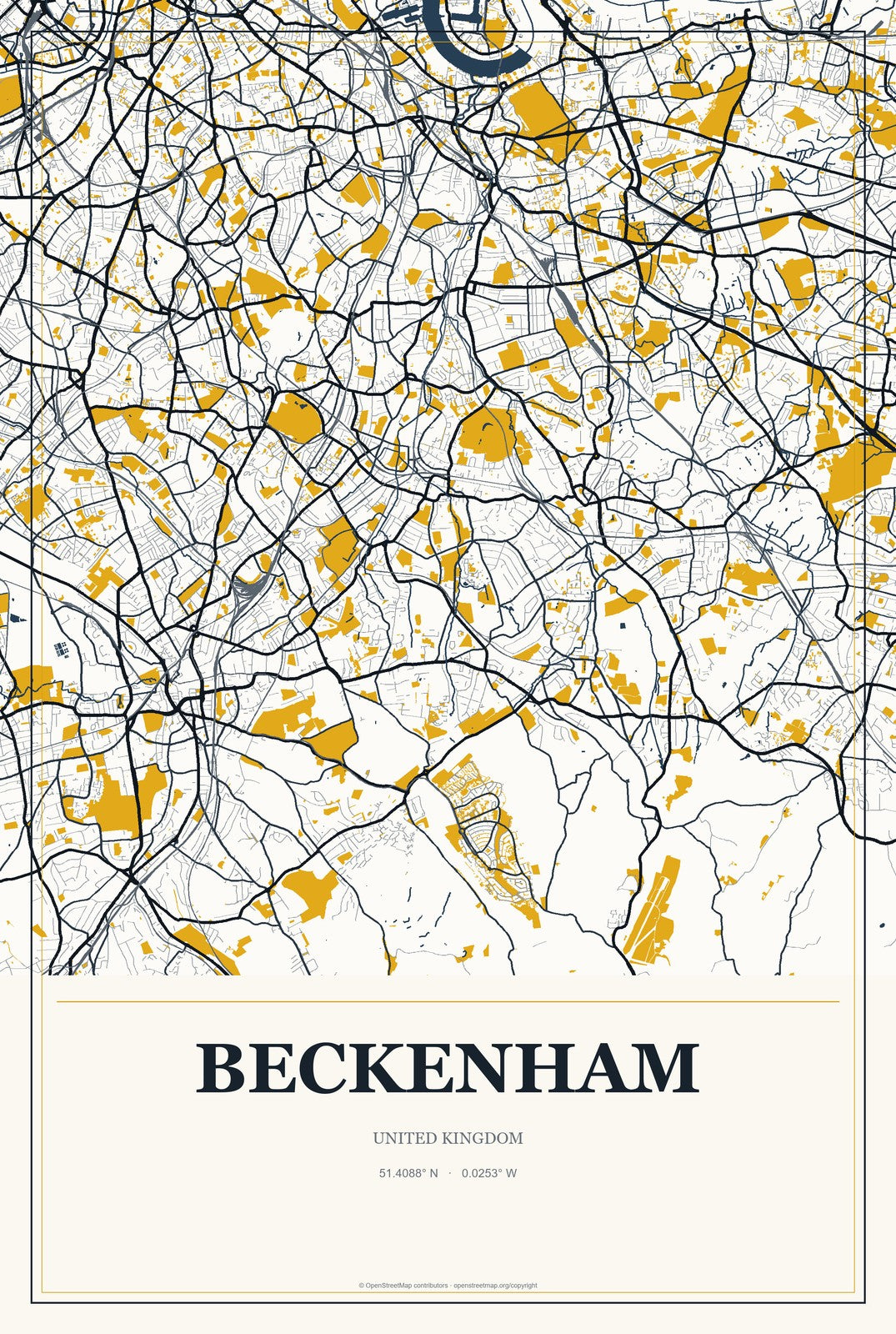 Beckenham, United Kingdom City Map Aluminum Sign in Citrine Modern style