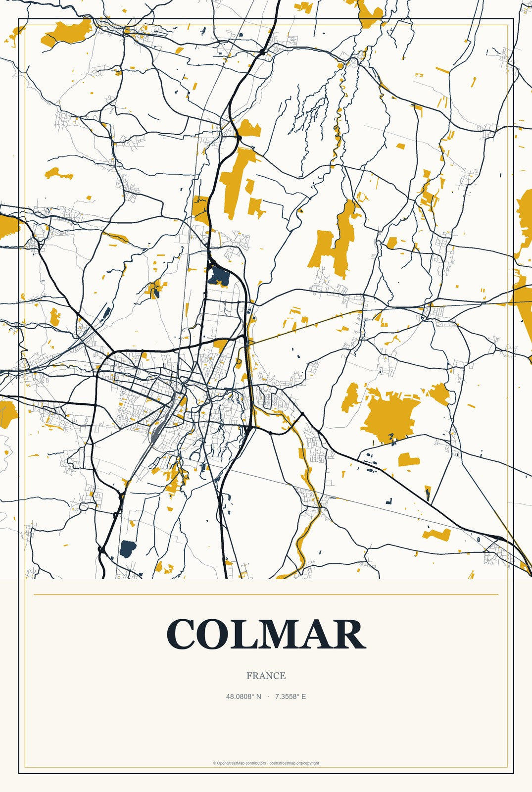 Colmar, France City Map Aluminum Sign in Citrine Modern style