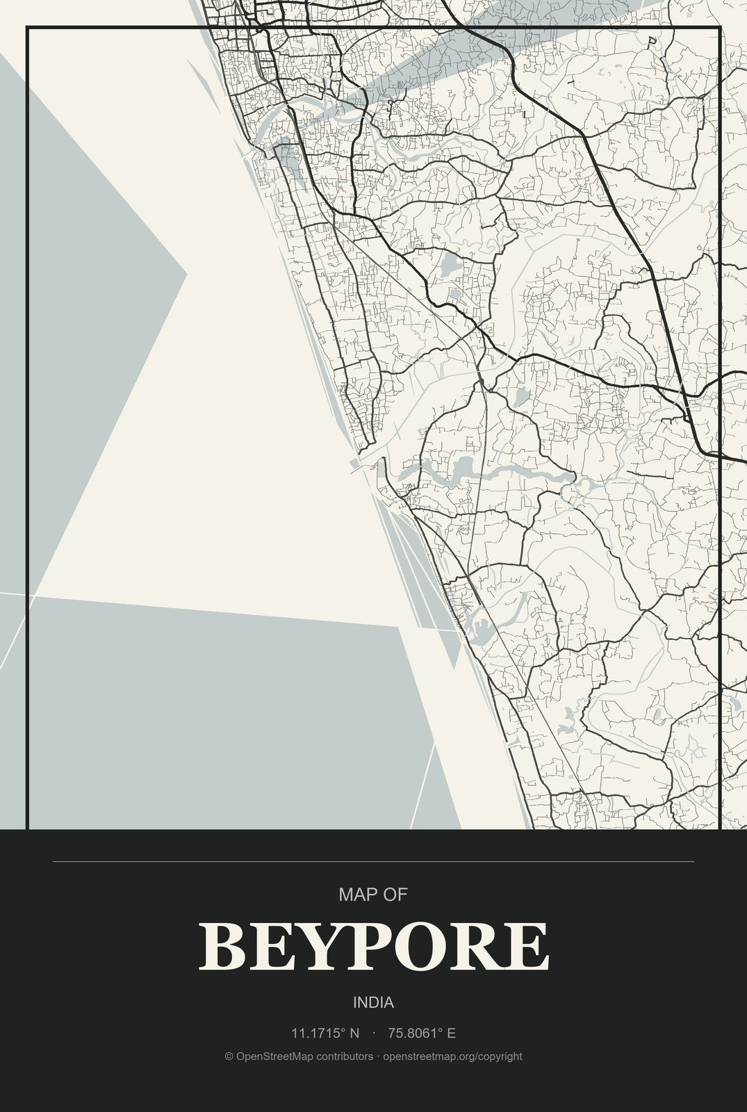 Beypore, India City Map Aluminum Sign in Museum Plaque style