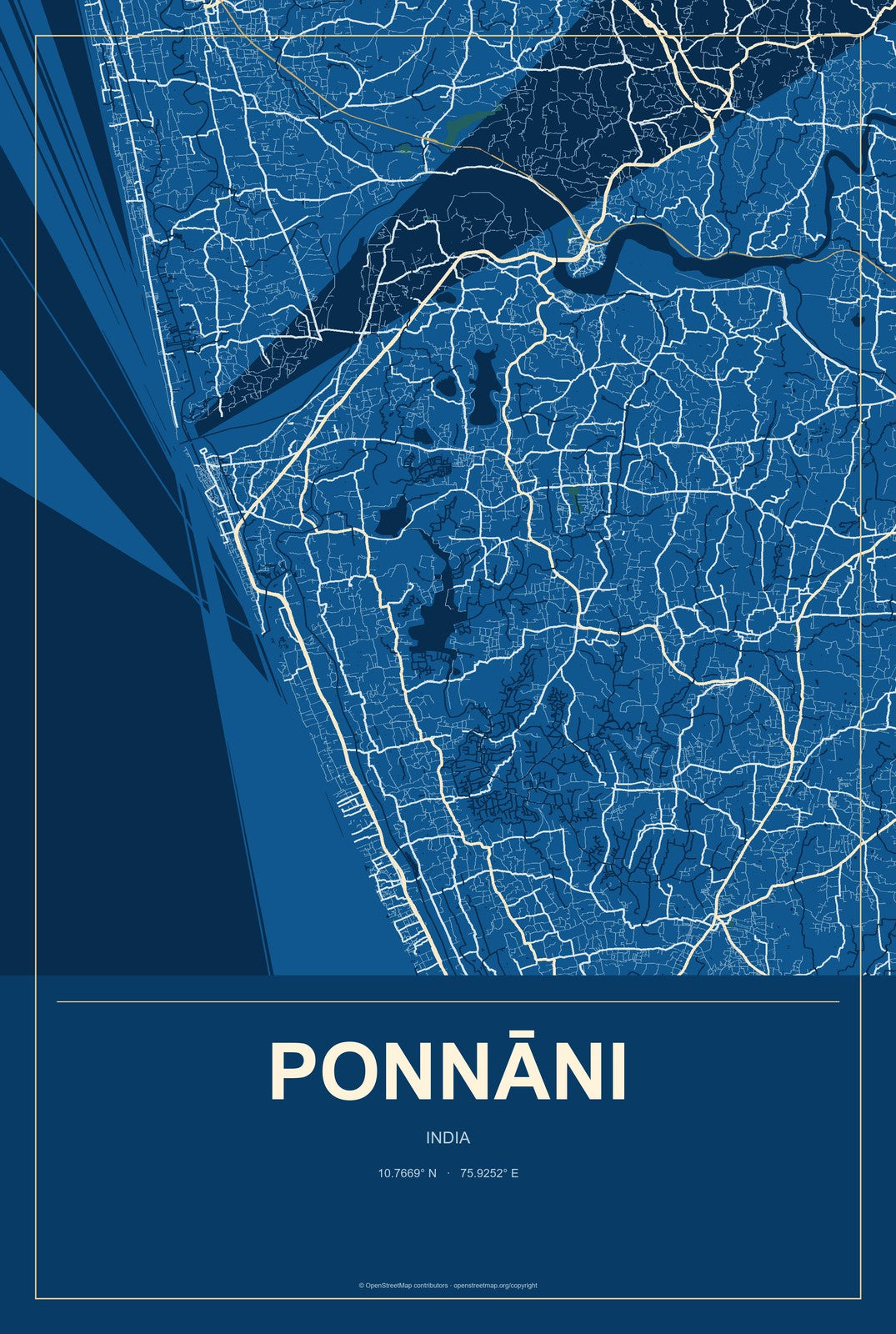 Ponnāni, India City Map Aluminum Sign in Harbor Cobalt style