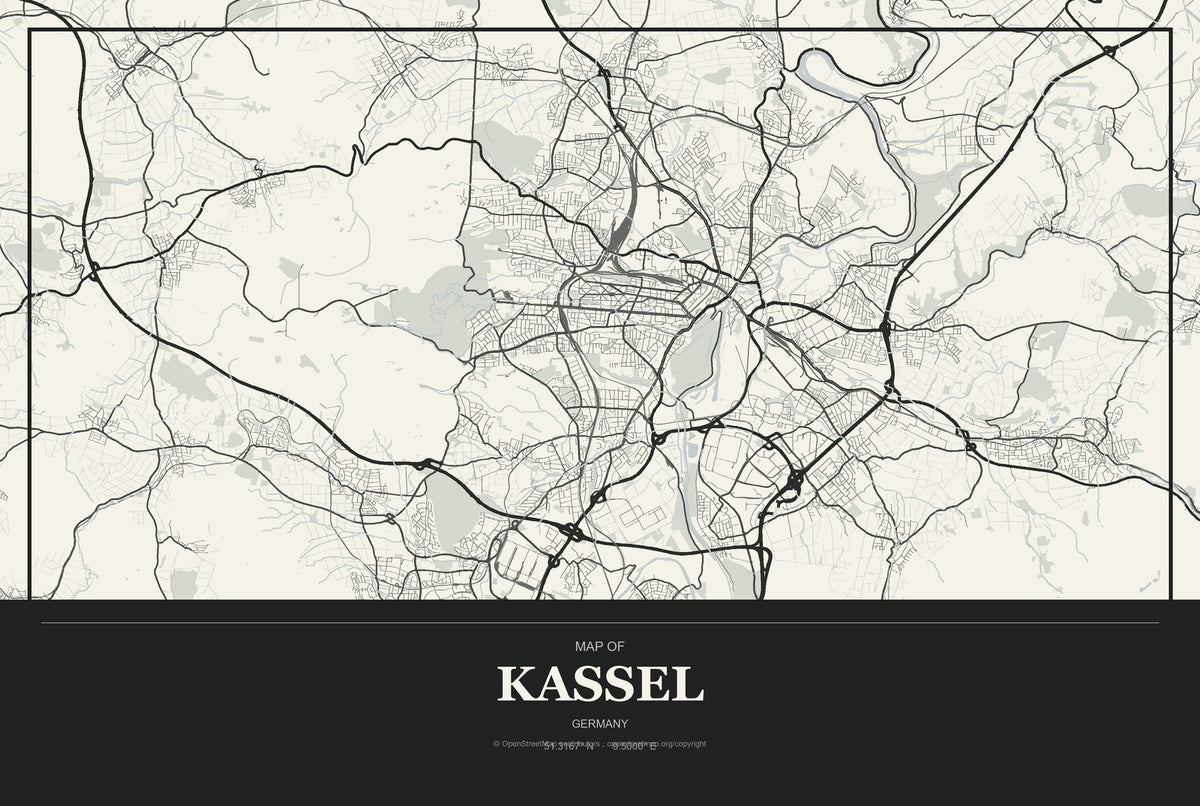 Kassel, Germany City Map Aluminum Sign in Museum Plaque style