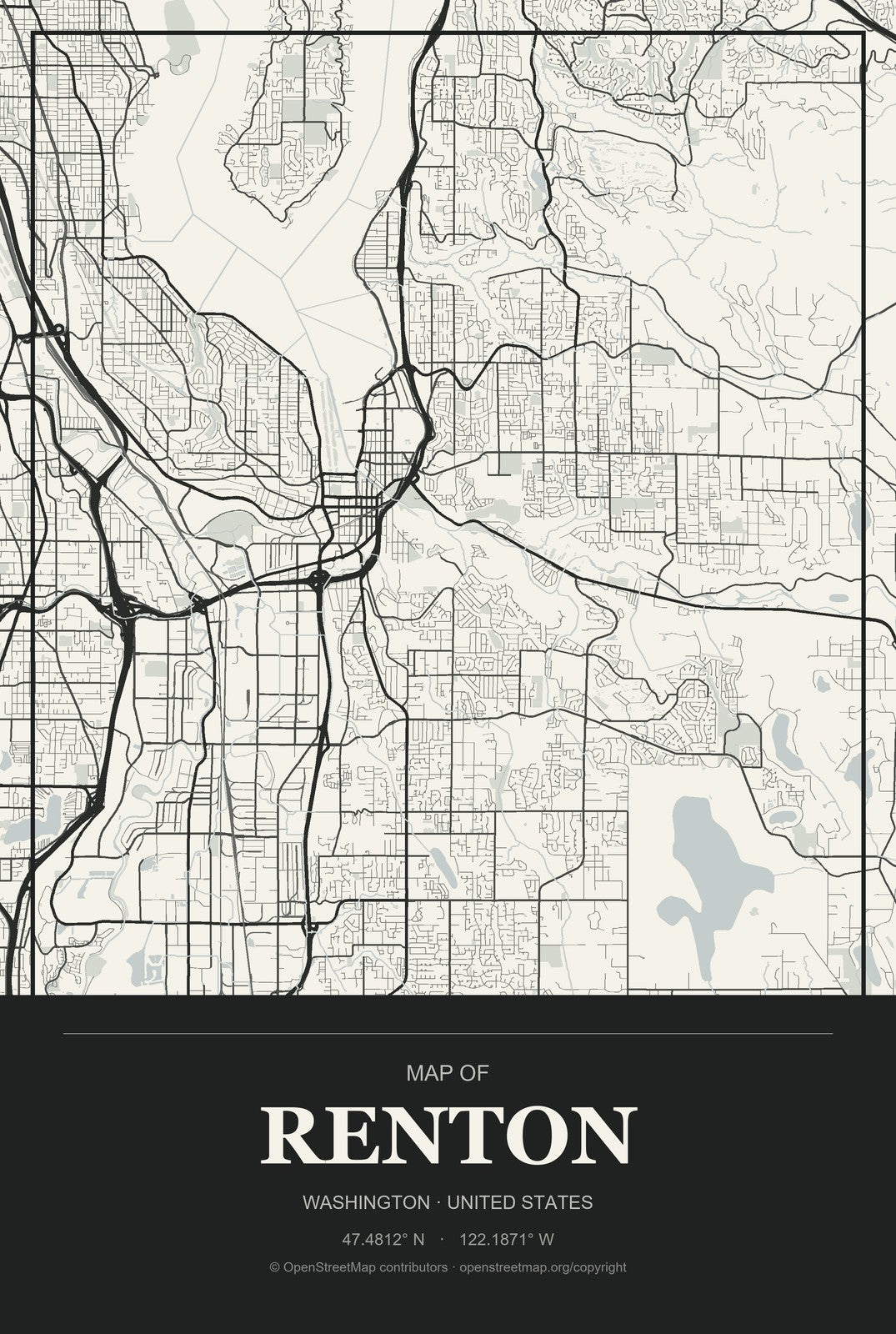 Renton, Washington City Map Aluminum Sign in Museum Plaque style