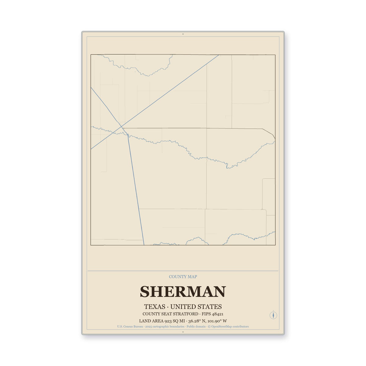 Sherman County, Texas Map Aluminum Sign in Heritage Nautical style