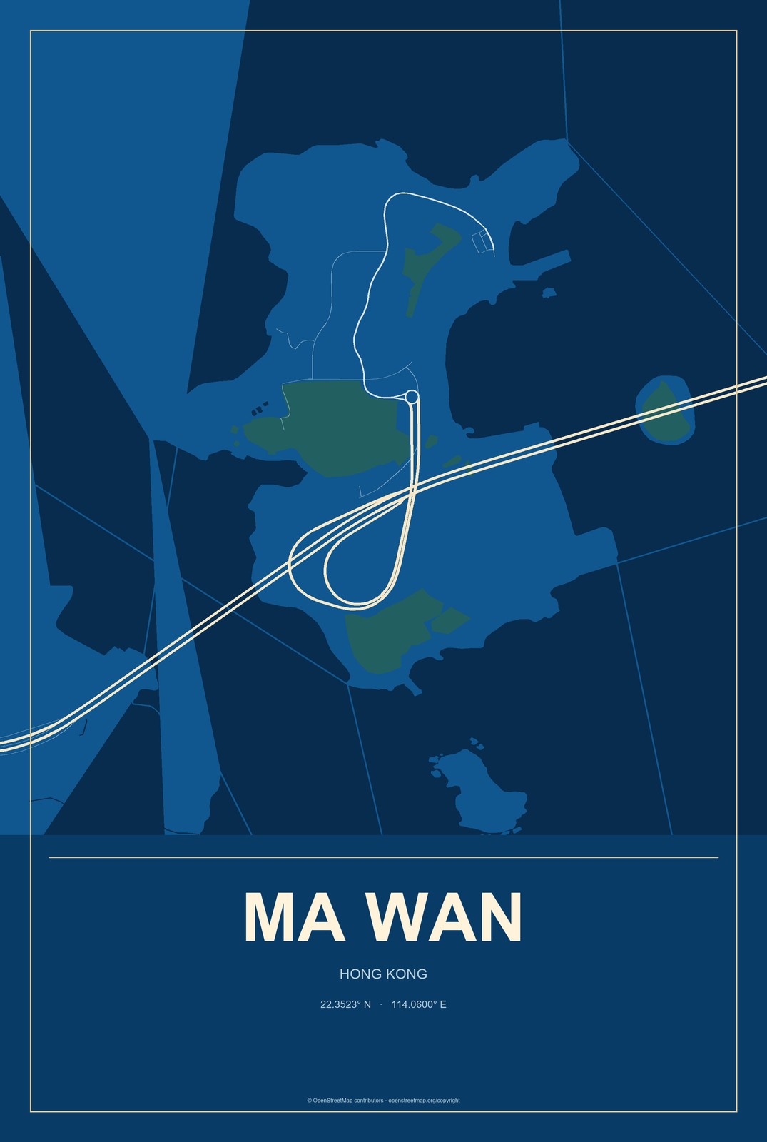 Ma Wan, Hong Kong City Map Aluminum Sign in Harbor Cobalt style