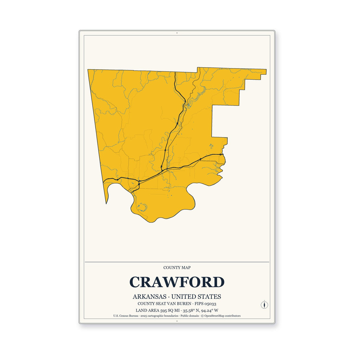 Crawford County, Arkansas Map Aluminum Sign in Citrine Modern style