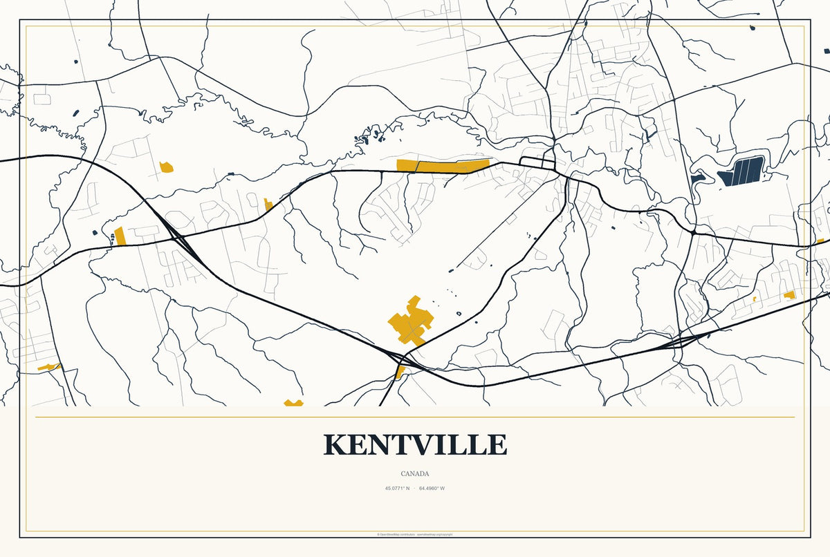 Kentville, Canada City Map Aluminum Sign in Citrine Modern style