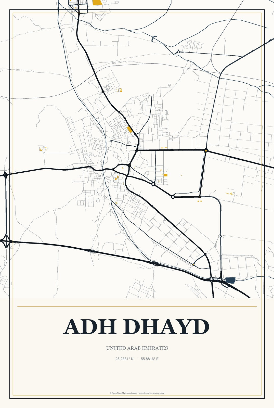 Adh Dhayd, United Arab Emirates City Map Aluminum Sign in Citrine Modern style