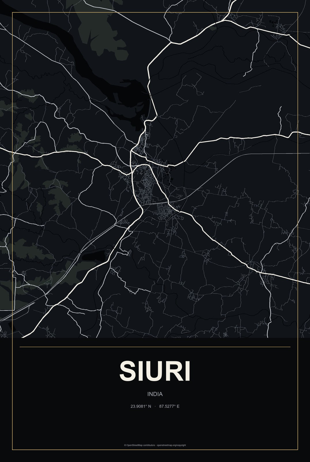 Siuri, India City Map Aluminum Sign in Metropolitan Noir style